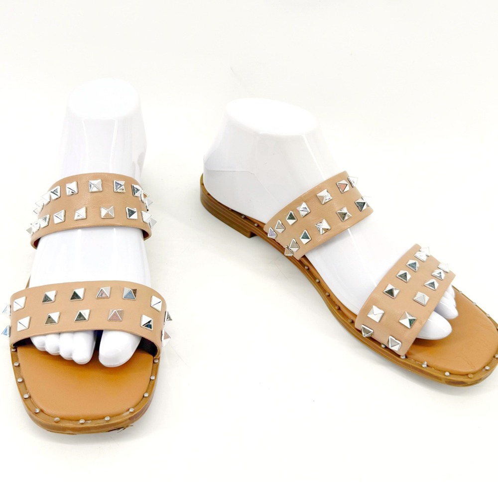 Steve Madden Studded Slide Sandals Womens 9 Tan Pyramid Stud Flat Edgy Retro